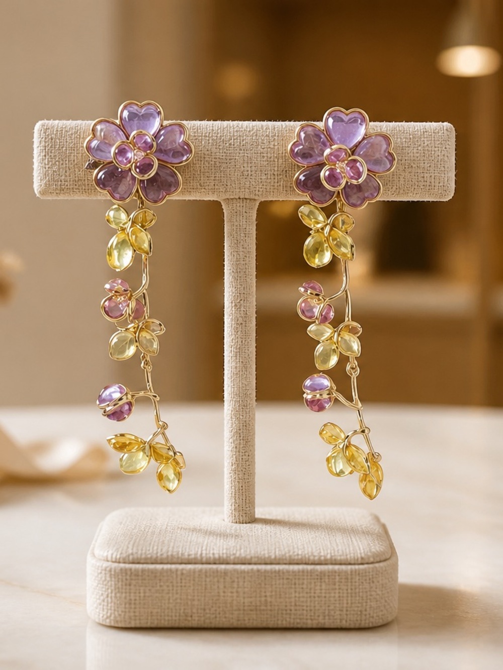 Elegant earrings Purple Heart-shaped petals on the flower tops